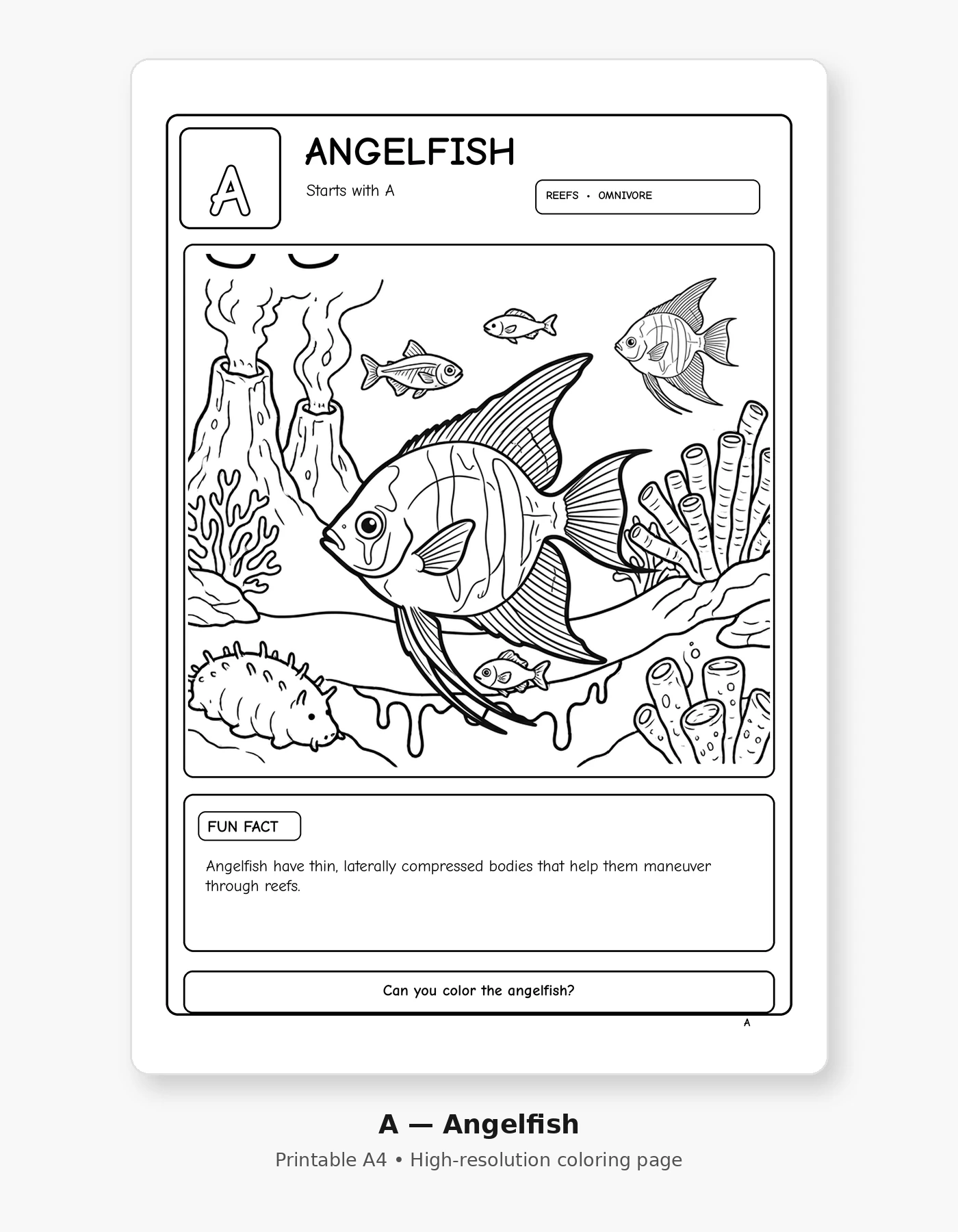 Underwater Alphabet Adventures — A–Z Coloring Book with Amazing Underwater Animal Facts sample page 1