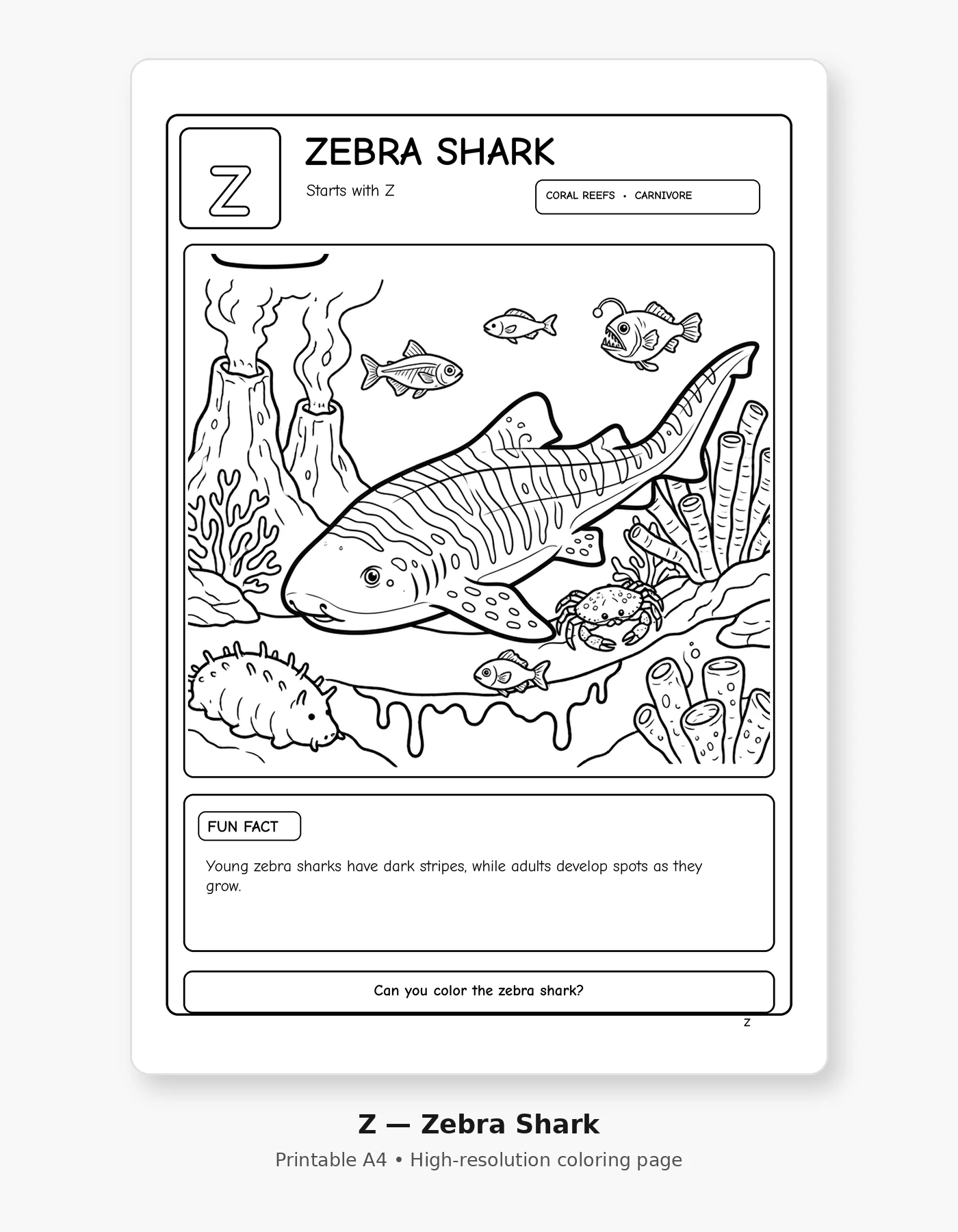 Underwater Alphabet Adventures — A–Z Coloring Book with Amazing Underwater Animal Facts sample page 3
