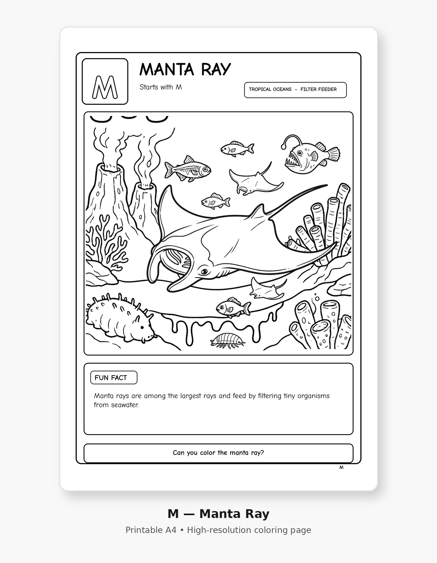 Underwater Alphabet Adventures — A–Z Coloring Book with Amazing Underwater Animal Facts sample page 2